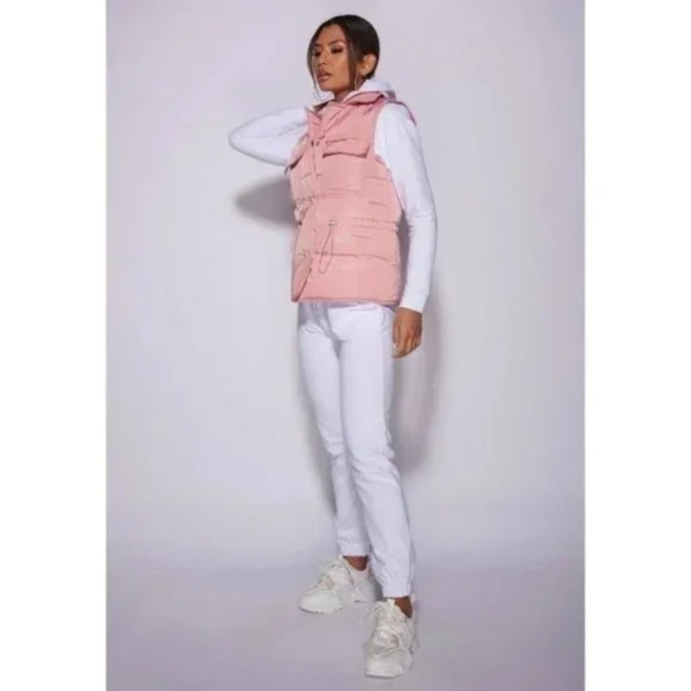 Pink Sleeveless Collared Double Breasted Padded Puffer Jacket Vest Gilet - Picture 12 of 16